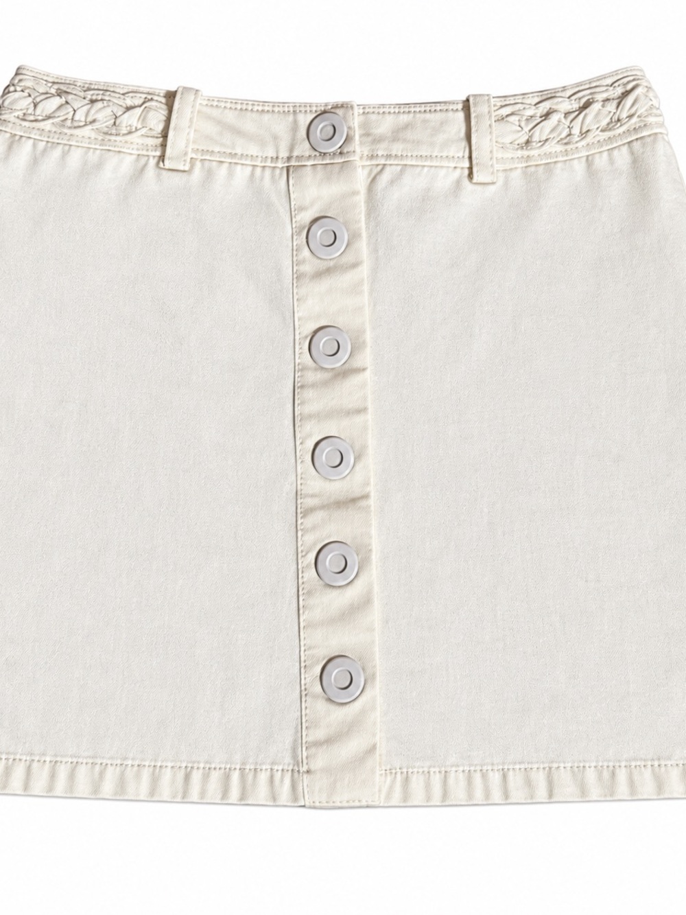 Express Cream Button-Front Mini Skirt with Braided Waistband